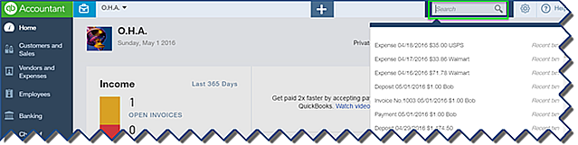 QuickBooks Online Accountant Search feature