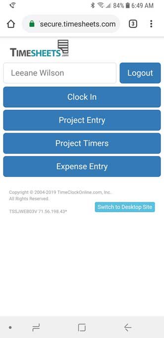 Mobile View of Timesheets.com